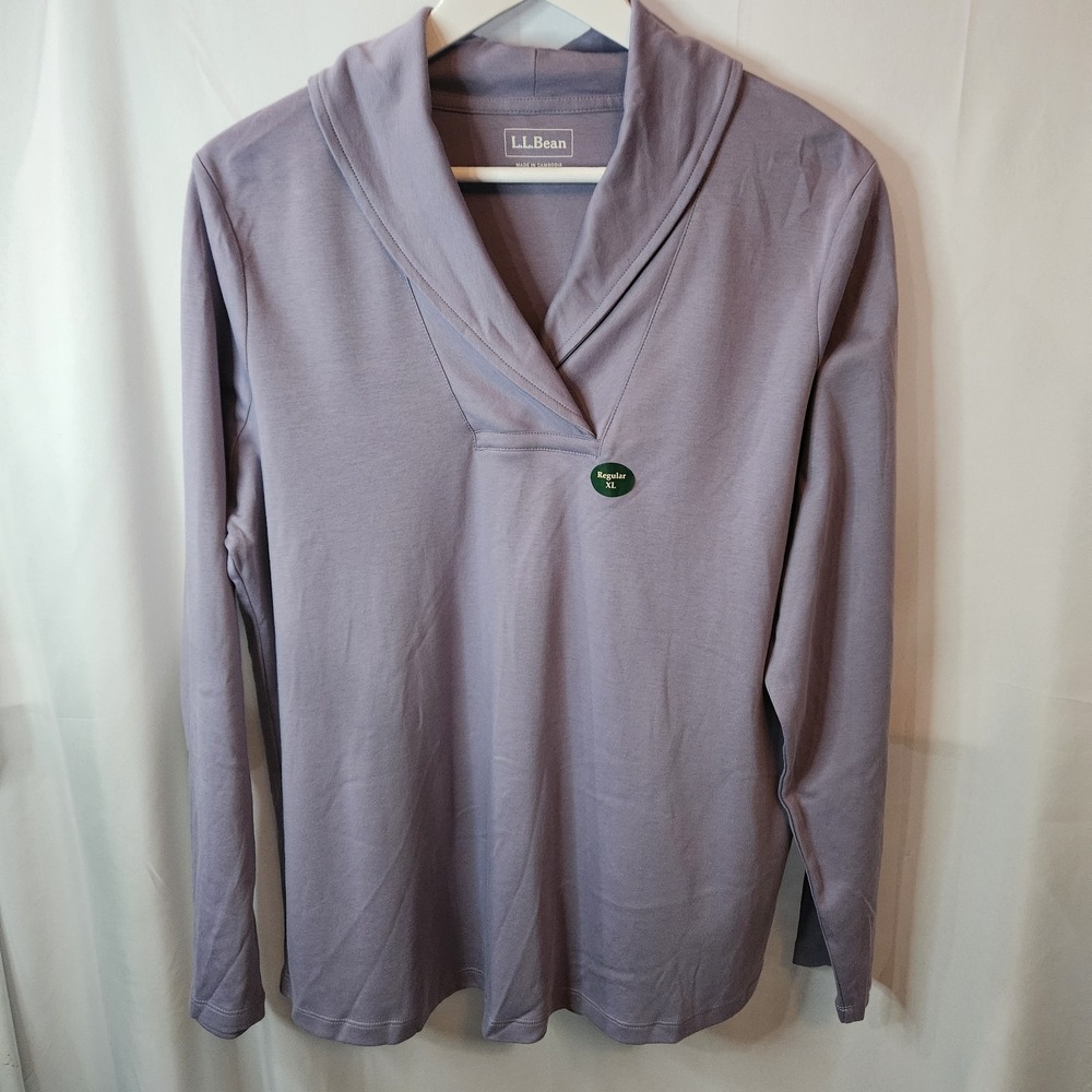 NWT LL Bean Womens Lavender Cotton Shawl Collar Long Sleeve Pullover Top Sz XL